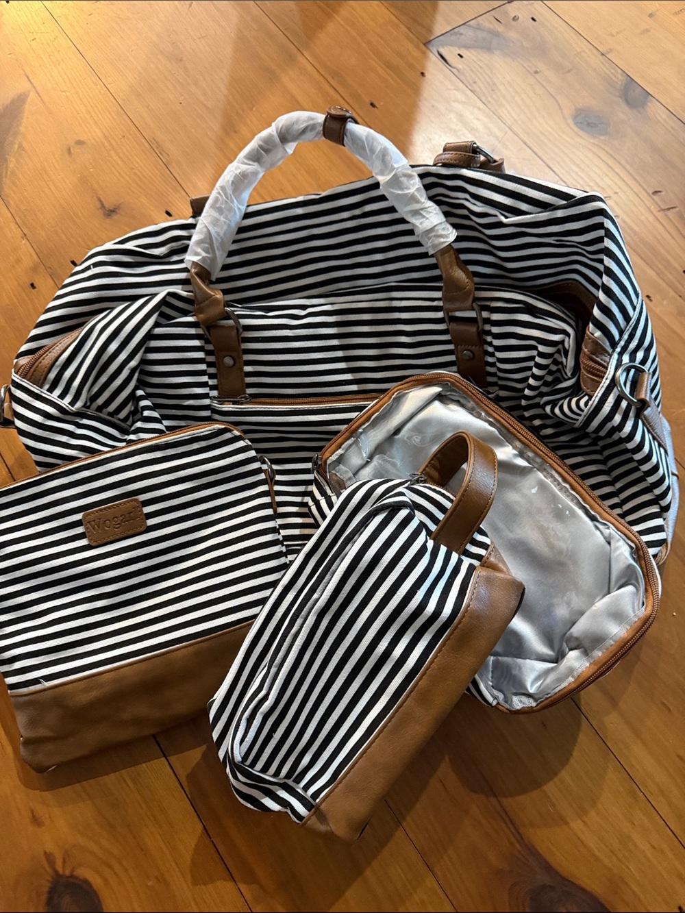 Striped Black & White Weekender Bag with Brown Trim (set of 4)